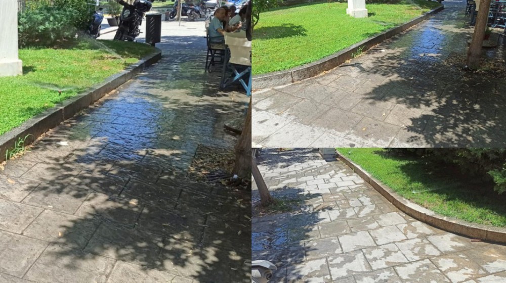 ΧΑΛΚΙΔΑ: Μαζί με το γκαζόν ... ποτίζεται και το πεζοδρόμιο στην οδό Αντωνίου