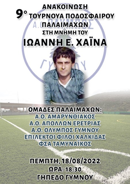 ΤΟΥΡΝΟΥΑ ΙΩΑΝΝΗΣ ΧΑΪΝΑΣ ΓΥΜΝΟ: Παλαίμαχοι θα τιμήσουν τη μνήμη του